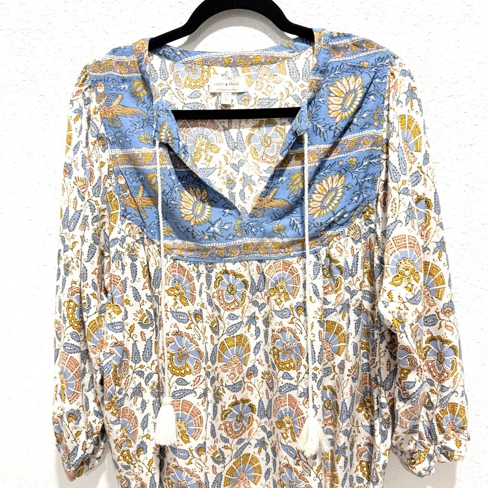 Lucky Brand Blue and Cream Boho Floral Tunic L - Picture 4 of 10